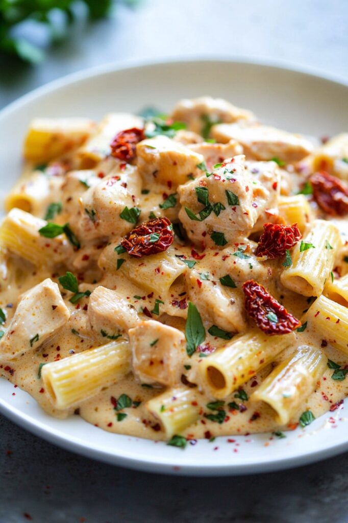 Sun-Dried Tomato Pasta with Chicken and Mozzarella in plate