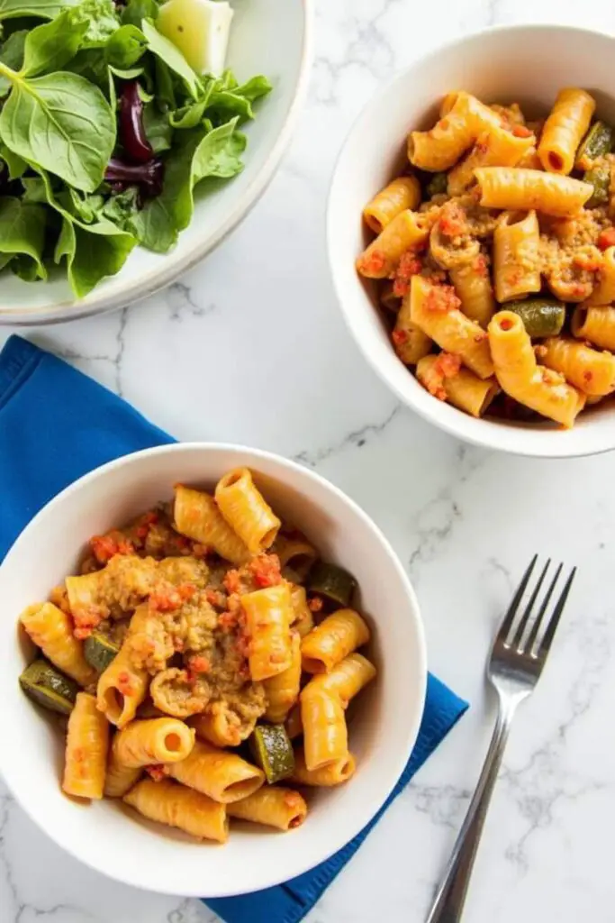 Vegetable Pasta Bake in two bowls with fork