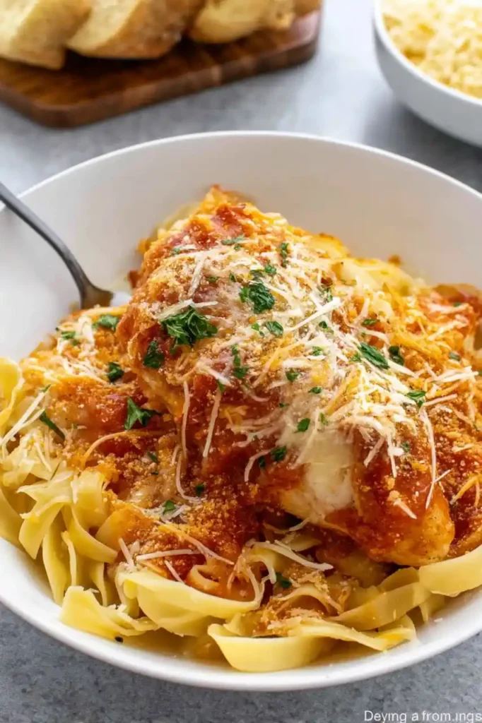 Crockpot Parmesan Chicken served over noodles garnish with cheeese