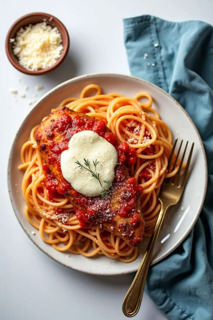 Crockpot Parmesan Chicken 5 Ingredients in white plate with pasta