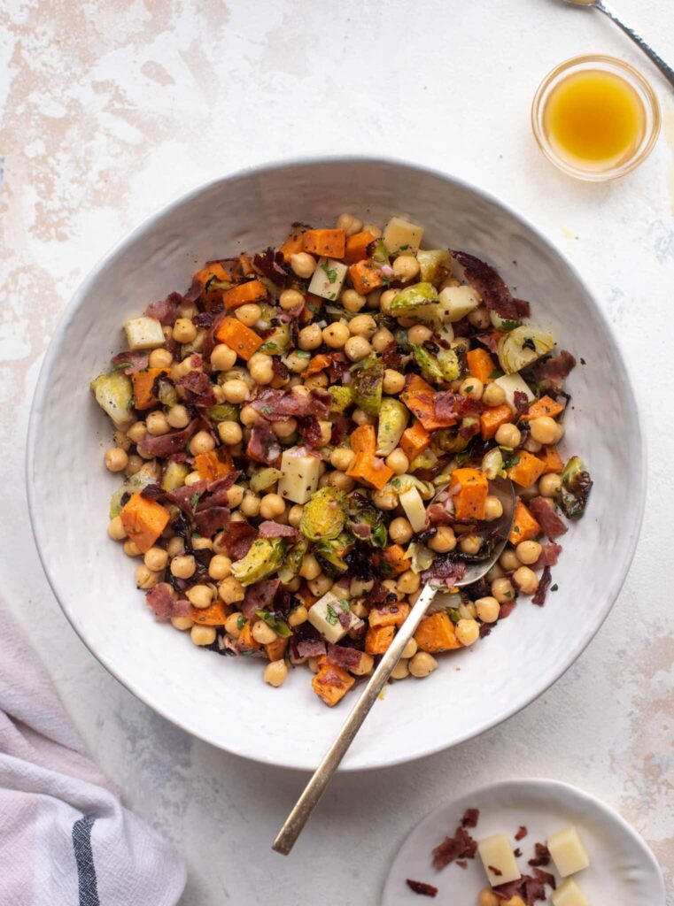 Lunchtime Winter Chickpea Salad with Smoked Provolone in white bowl