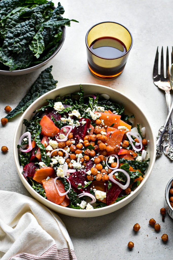 Roasted Beet and Kale Salad in white bowl
