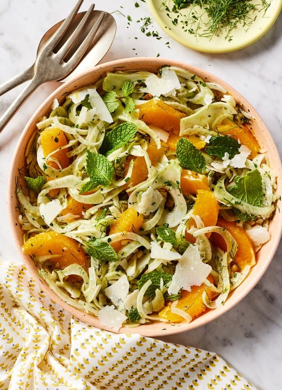 Shaved Fennel Salad in wooden bowl with spoon