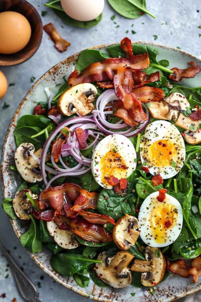 close view of Spinach Salad with Warm Bacon Dressing