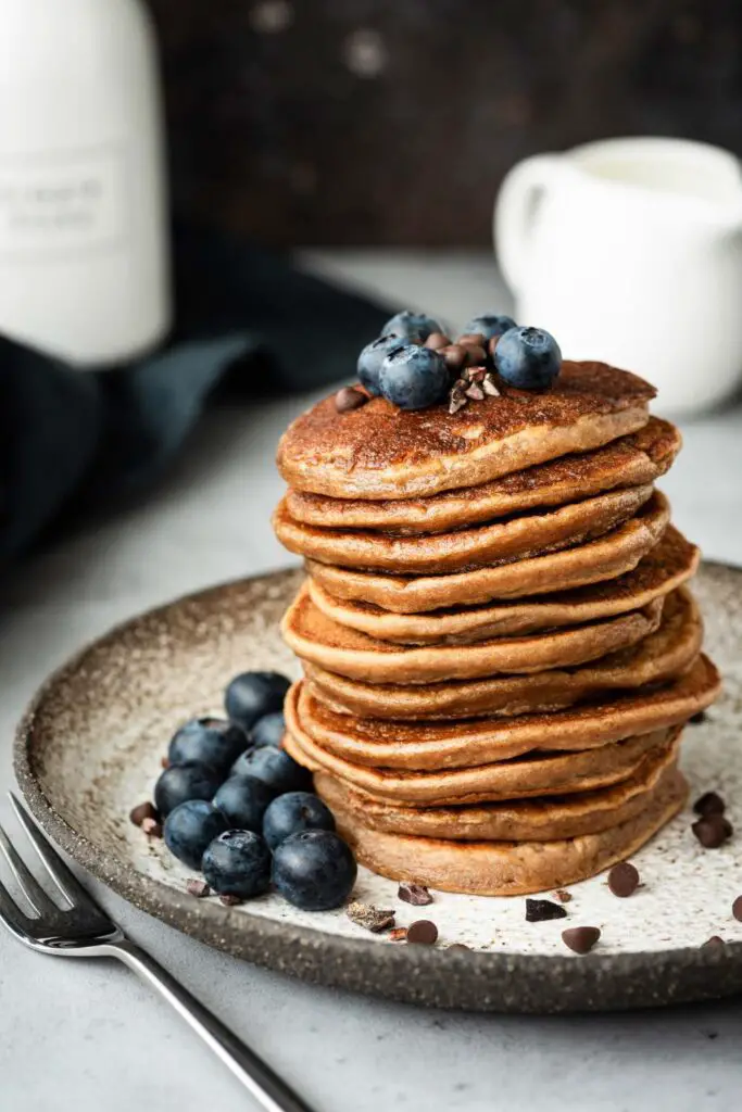 stack of 3-Ingredient Almond Flour Pancakes (No Banana) in plate with fork