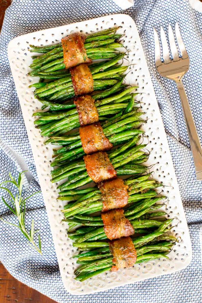 Bacon Wrapped Green Beans  in white dish