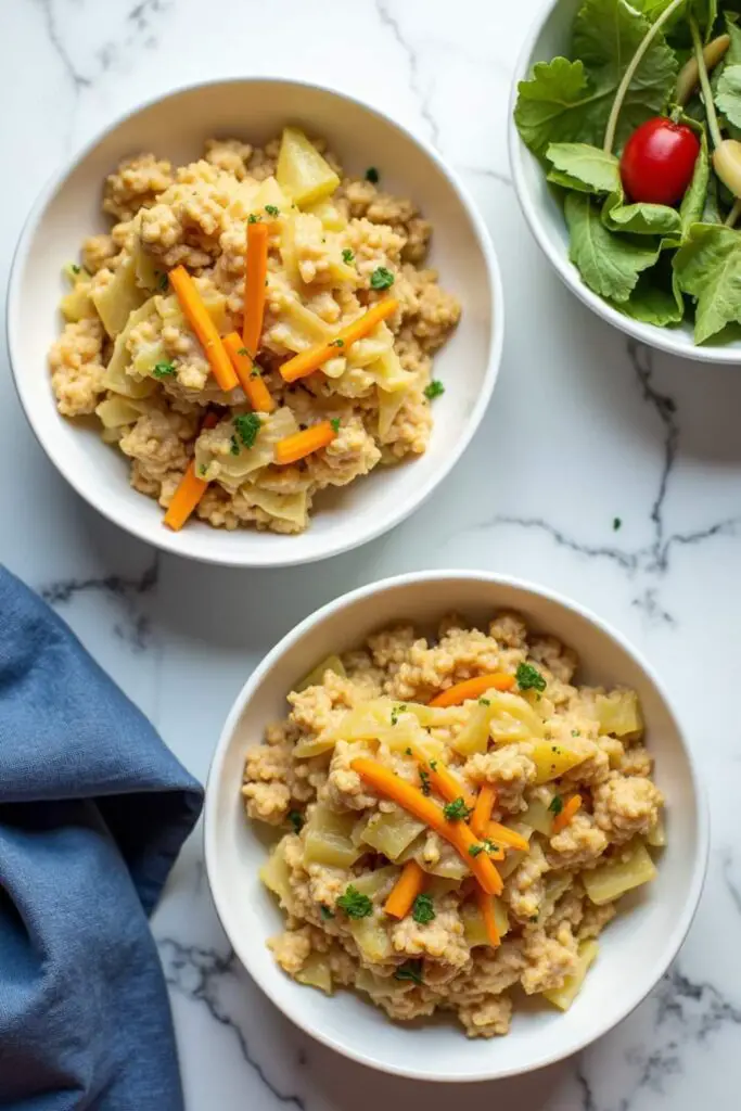 Turkey Cabbage Casserole with Rice in two bowls with salad