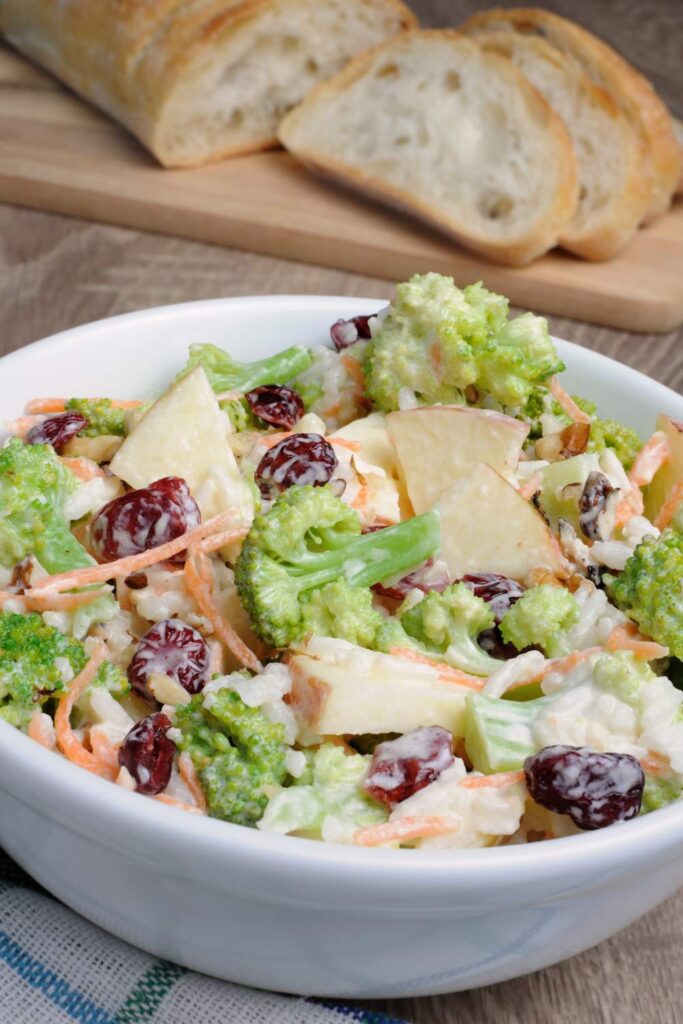 Chicken Broccoli Salad with Greek Yogurt Dressing in white bowl