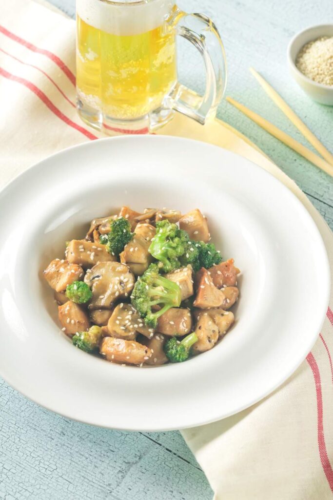 Chicken and Broccoli Stir-Fry In white plate