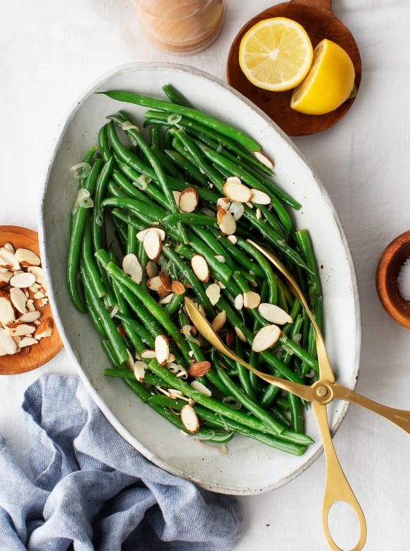 Green Beans Almondine in white dish