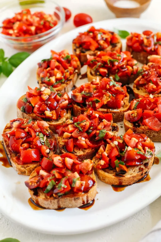 Tomato and Basil Bruschetta in white plate