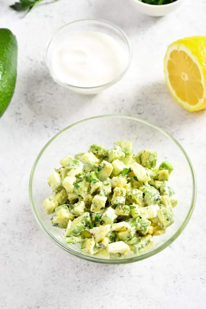 Avocado Egg Salad With Greek Yogurt in glass bowl