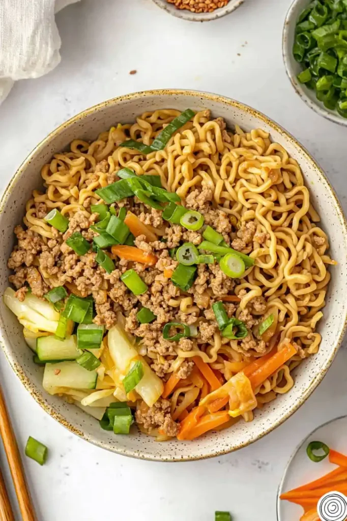 Ramen Noodles With Ground Beef And Vegetables in white bowl and nearby chopstick is place