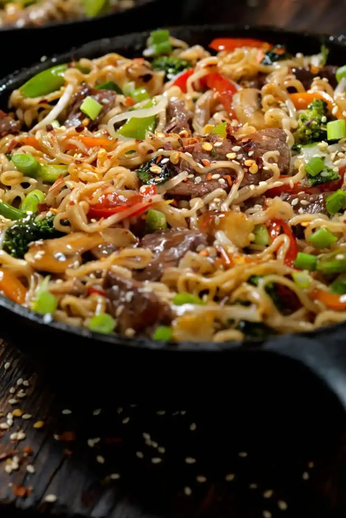 Ramen Noodles With Ground Beef And Vegetables in black pan