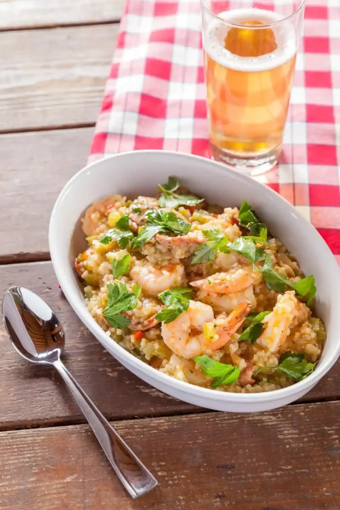 Shrimp Casserole with Ritz Crackers in dish with spoon