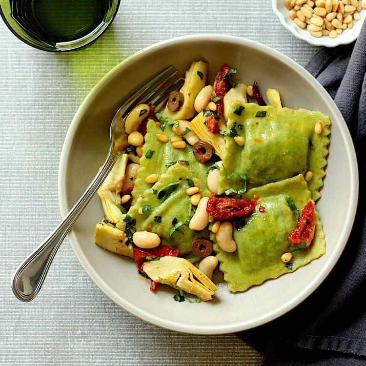 Spinach Ravioli with Artichokes & Olives