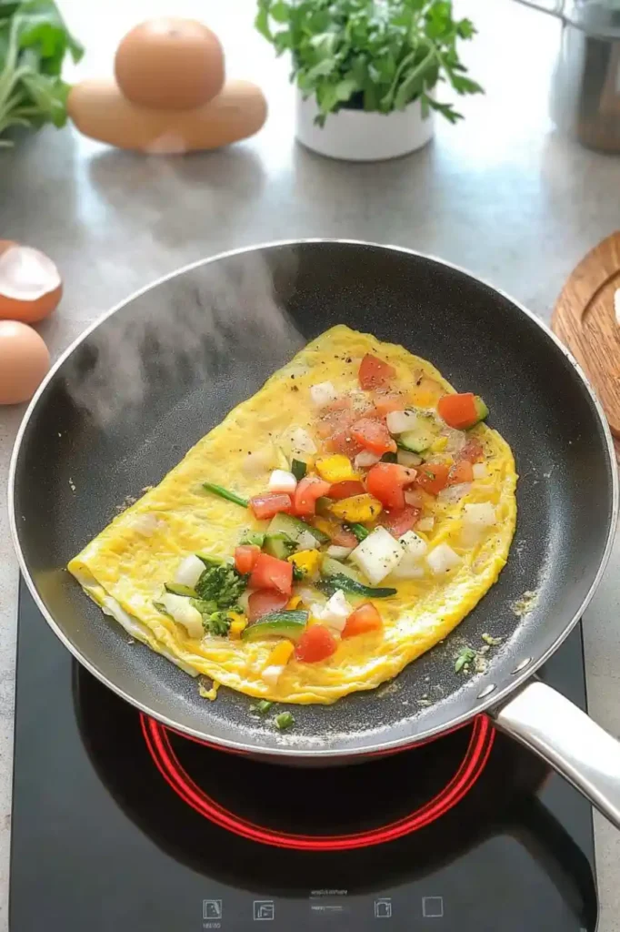 distribute vegetables, cheese, or proteins over the egg mixture. 