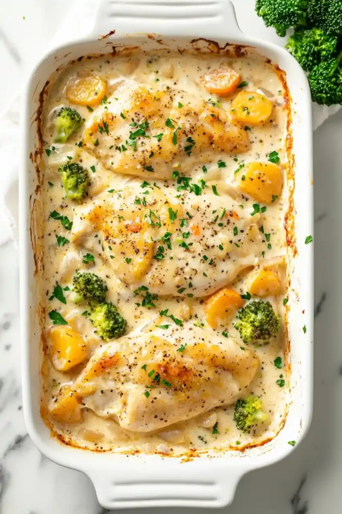 Baked Chicken With Cream Of Mushroom Soup And Vegetables in white rectangle dish