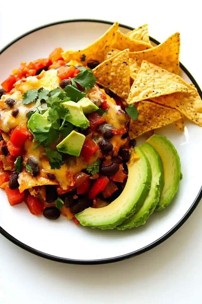 Mexican-style casserole with black beans accompanied by golden tortilla chips and sliced avocado on a white plate with a black trim