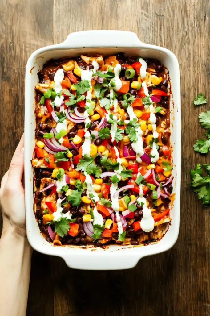 Mexican Enchilada Casserole recipe with black beans in white dish
