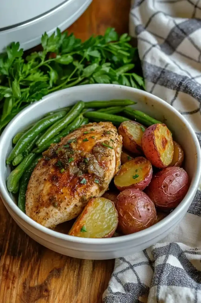 oven baked chicken and lipton onion soup mix with green beans and potatoes