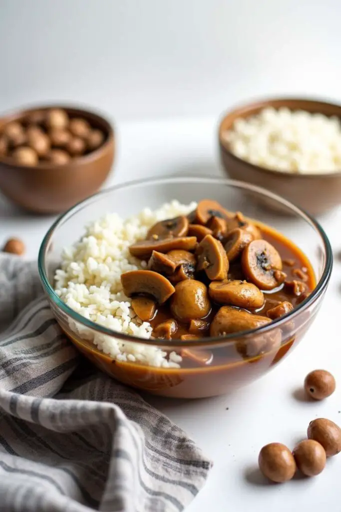 Far view of 3-Ingredient Creamy Mushroom Crockpot Chicken accompanied by a bowl of rice