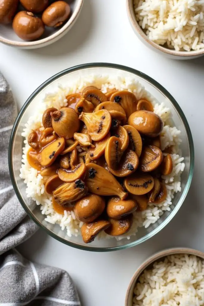 3-Ingredient Creamy Mushroom Crockpot Chicken served over rice