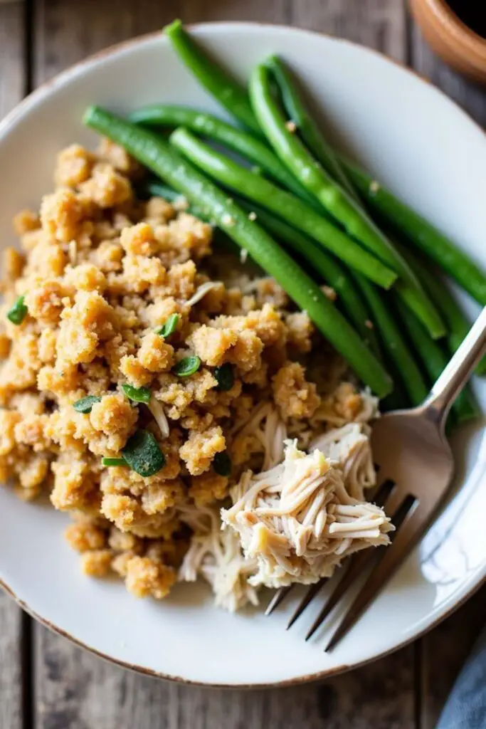 3 ingredient crockpot chicken and stuffing with bean in white plate