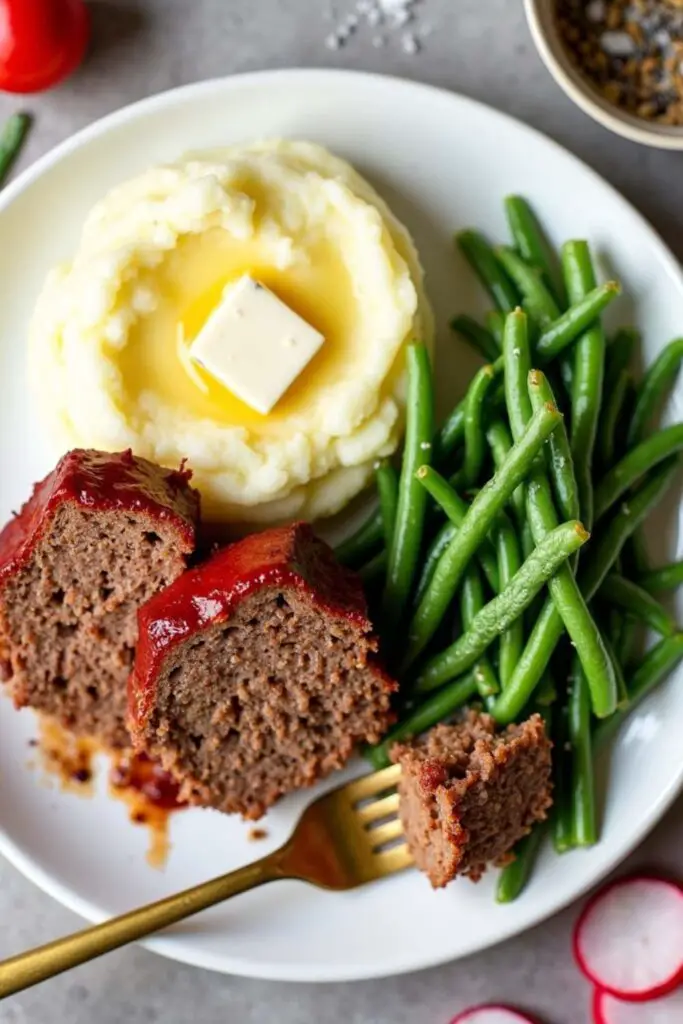 Brenda Gantt’s Meatloaf with mashed potatoes , green beans and butter