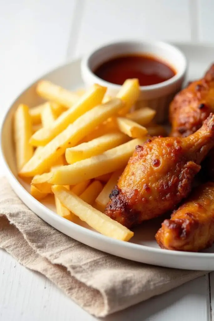 french fries and wings served with chicago sauce