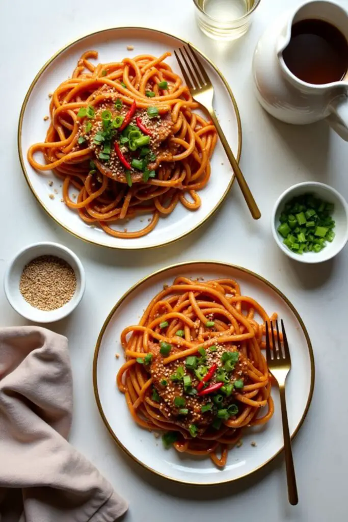 Gyu Kaku Garlic Noodles  in two plates with fork places on side