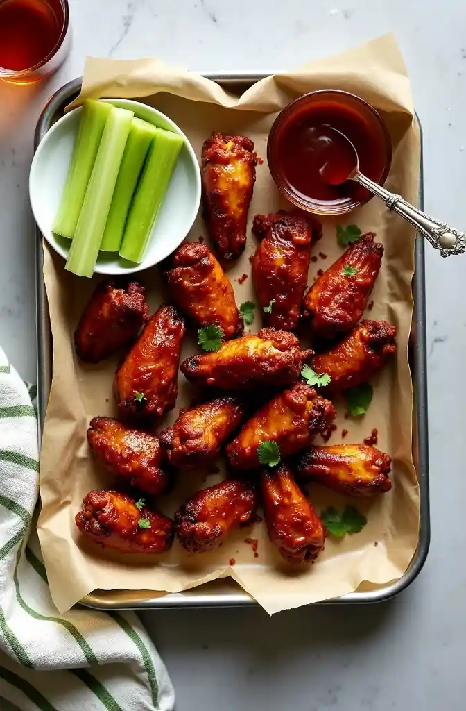 top view of wings with henessey sauce in glass bowl