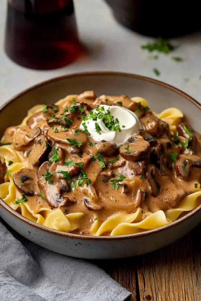 Ina Garten’s Beef Stroganoff over egg noodles