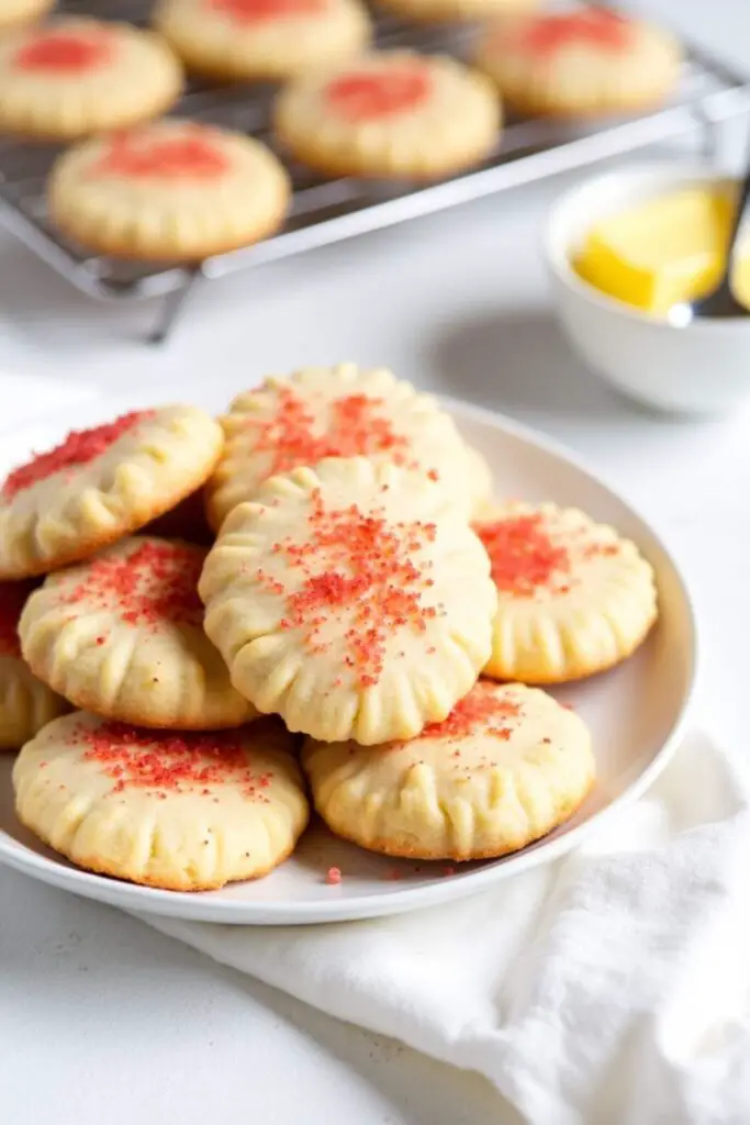 A close-up view of freshly baked Salpores de Arroz with a cracked surface, topped with vibrant red sugar crystals.