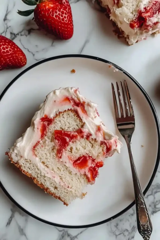 strawberry vanilla swirl cake slice in plate with fork