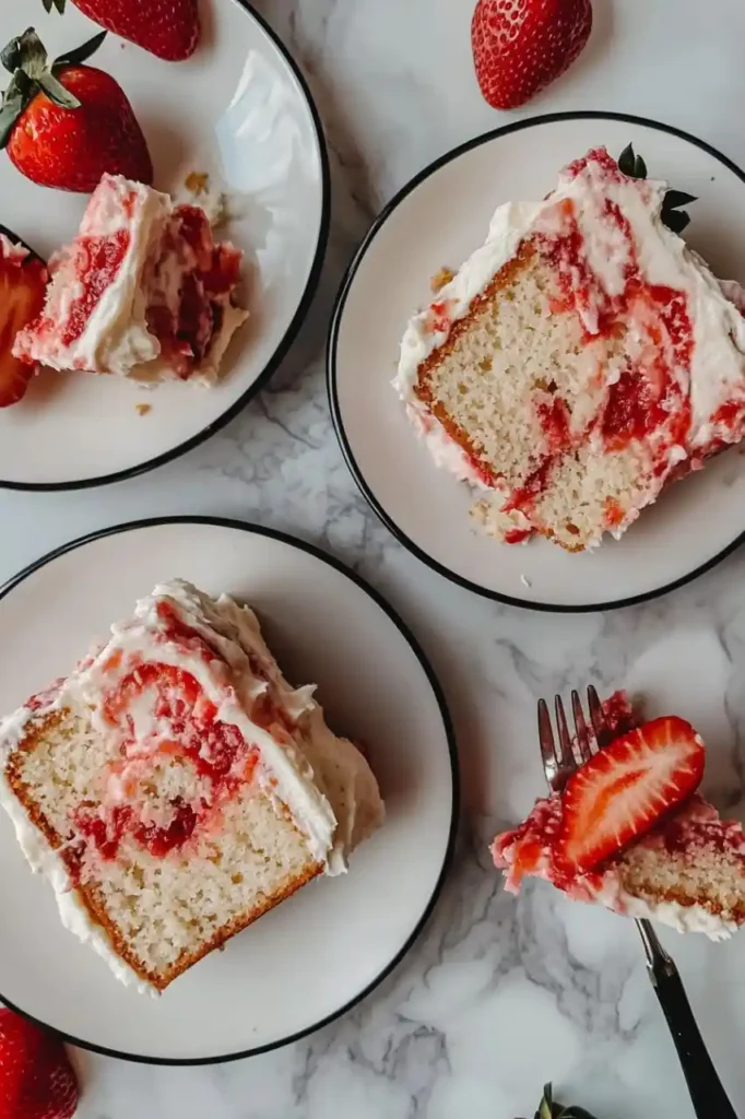 strawberry swirl cake slice with frosting