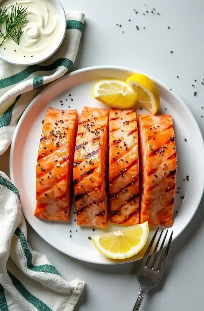 Texas Roadhouse Salmon Recipe in whte plate and fork placed near the plate