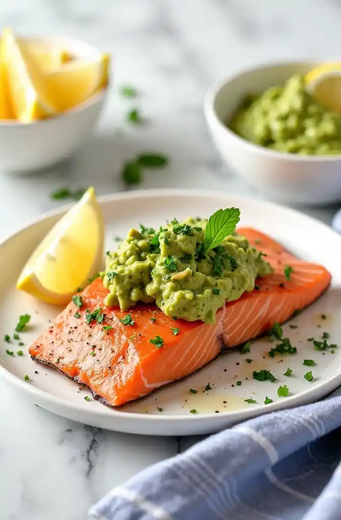 Salmon Guacamole in white plate with lemon wedge