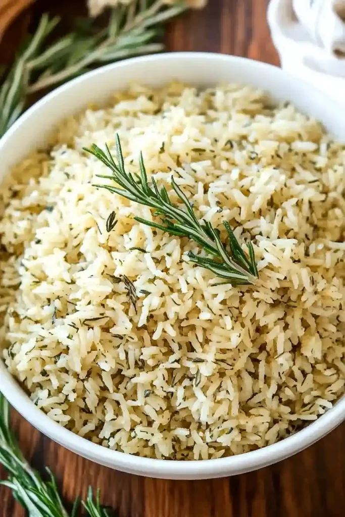 A white bowl filled with cooked white rice, garnished with chopped rosemary and a sprig of rosemary on top. Fresh rosemary sprigs are in the background on a wooden surface.