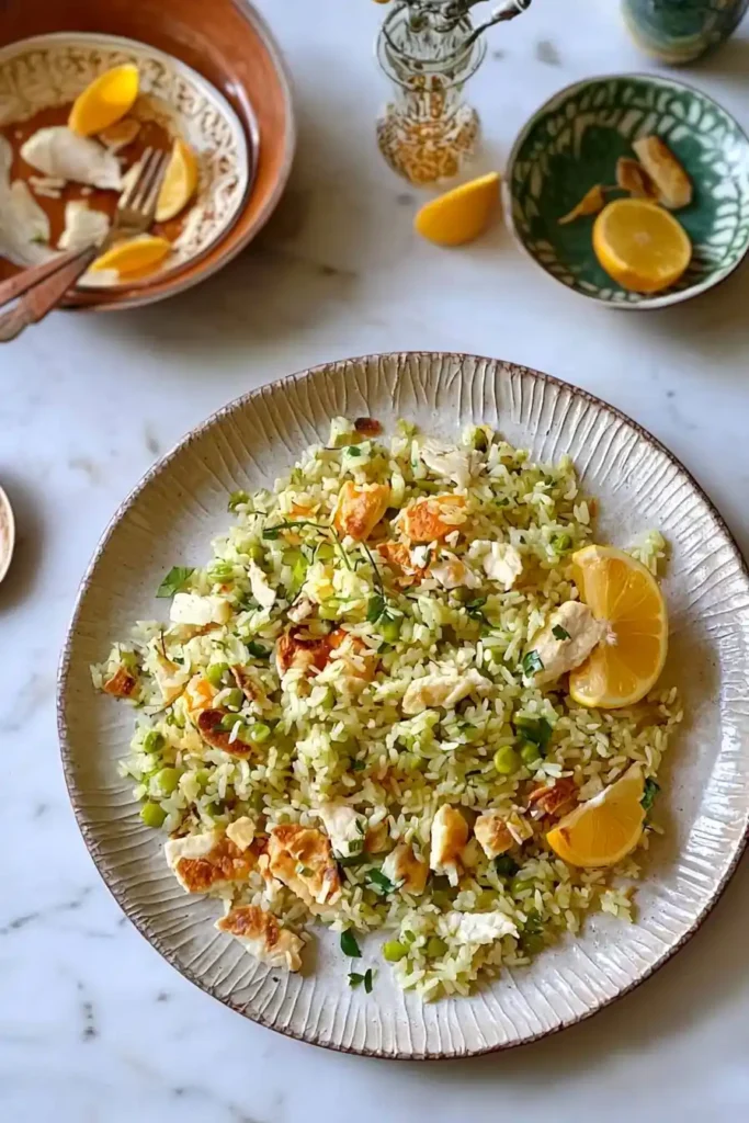A white plate with a textured edge holds a serving of herb-infused rice mixed with peas, shredded chicken, and pieces of golden-brown roasted chicken skin. The dish is garnished with fresh herbs and a lemon wedge