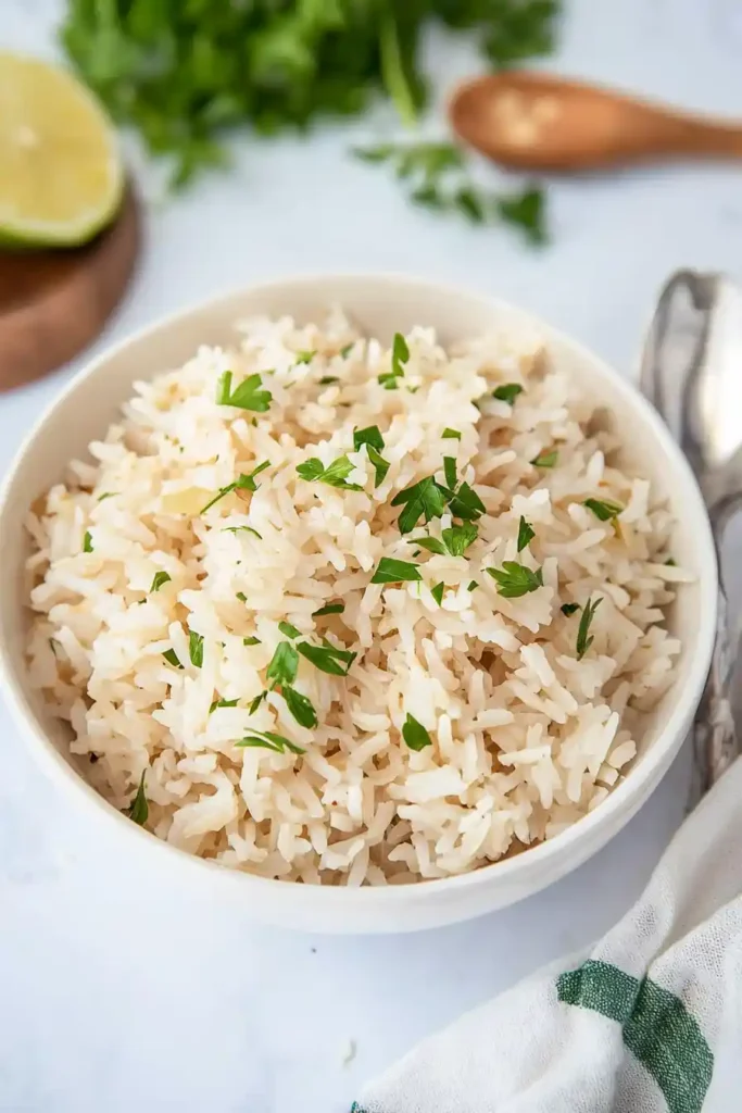 A white bowl filled with cooked white rice, garnished with chopped green herbs, likely cilantro. In the background, there is a halved lime on a wooden board, a wooden spoon, and a sprig of cilantro. A white napkin with green stripes and a metal spoon rest beside the bowl on a light-colored surface.