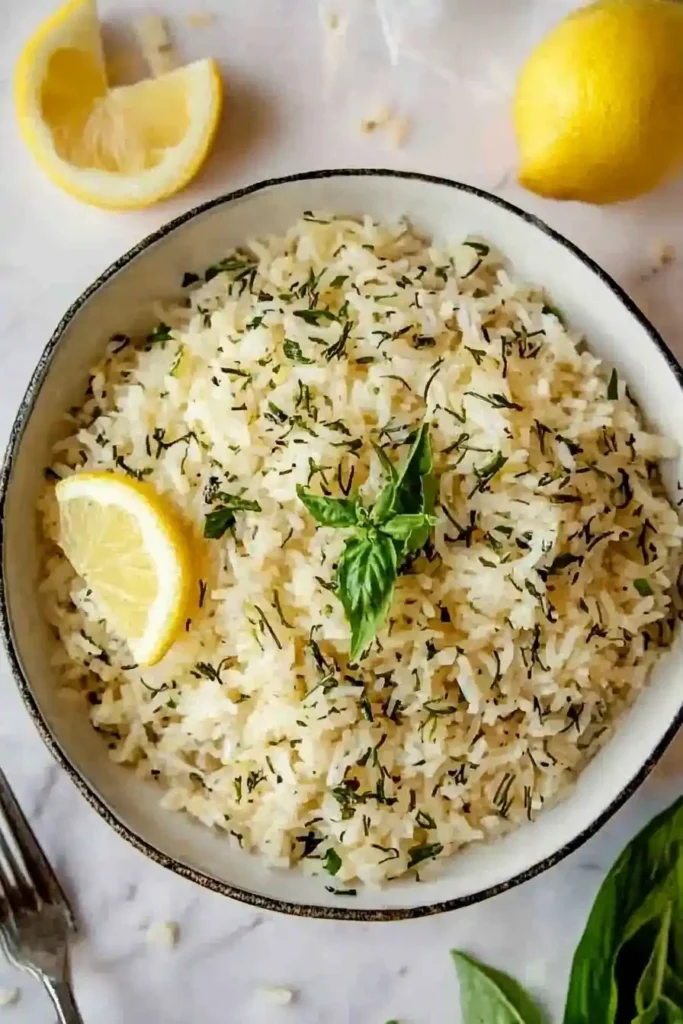A bowl of fluffy lemon herb rice garnished with a lemon wedge and fresh basil, surrounded by lemon slices and herbs on a white marble background