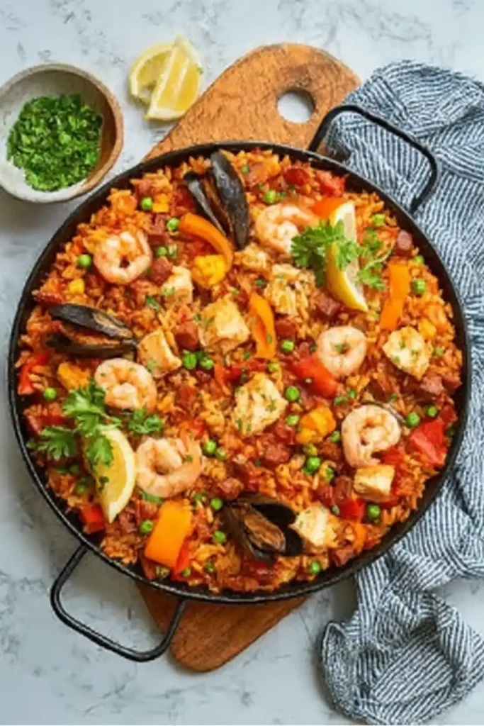 A vibrant paella dish in a large black pan, filled with saffron-infused rice, shrimp, mussels, diced chicken, peas, red and yellow bell peppers, and garnished with fresh parsley and lemon wedges.
