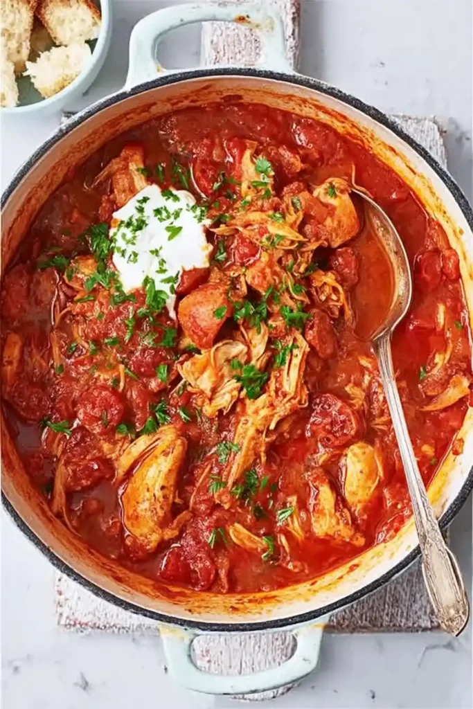 A hearty chicken and sausage stew in a large pot, featuring shredded chicken, slices of sausage, and a rich tomato-based sauce, garnished with a dollop of sour cream and fresh parsley.