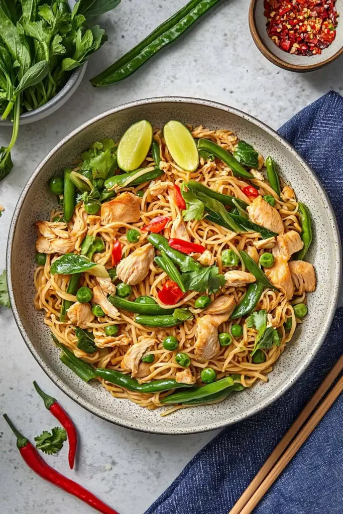 A bowl of stir-fried noodles with chicken, snap peas, and red chili slices, garnished with cilantro and lime wedges, served with chopsticks on a marble surface, accompanied by bowls of fresh cilantro, snap peas, and chili flakes, with whole red chilies nearby.