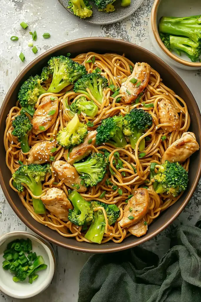 A bowl of stir-fried noodles with chicken and broccoli, garnished with sesame seeds and chopped green onions, served on a textured surface with a small bowl of green onions and broccoli florets on the side.