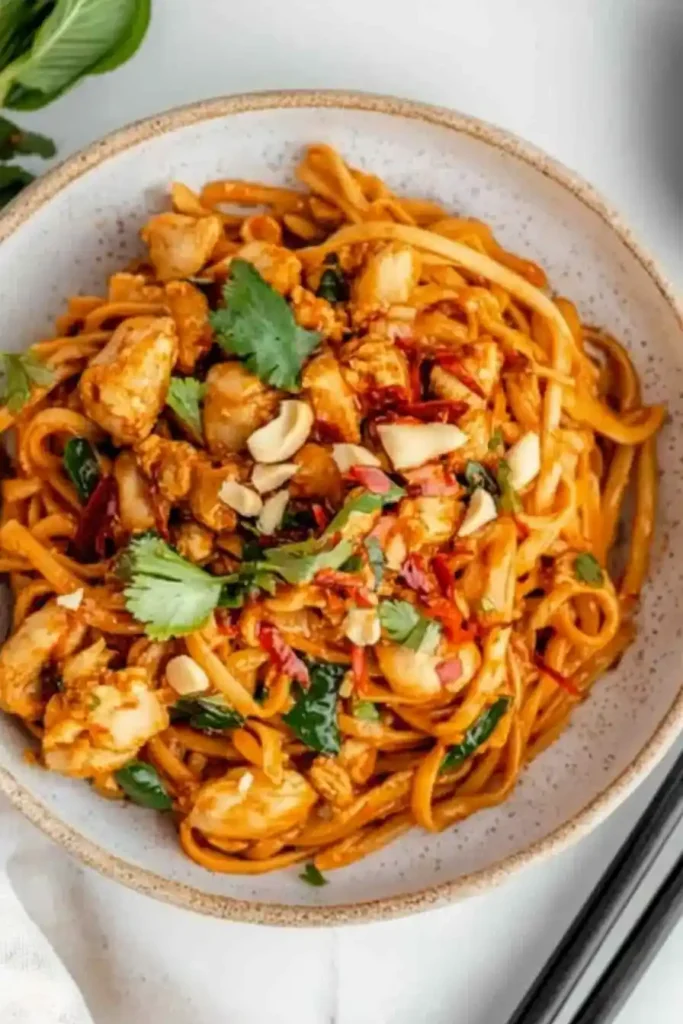 A bowl of stir-fried noodles with chicken, broccoli, carrots, and green onions, served with chopsticks on a white cloth, with a pan of the same dish and a block of butter in the background.