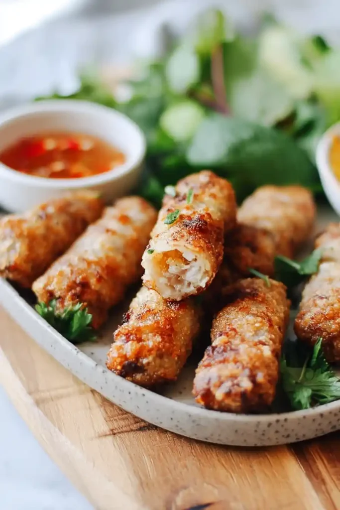 A close-up of a white plate with several golden-brown, crispy spring rolls, one cut in half to show the filling. The plate is garnished with fresh herbs and accompanied by a small bowl of orange dipping sauce with visible chili flakes, and a background of fresh greens on a wooden surface.