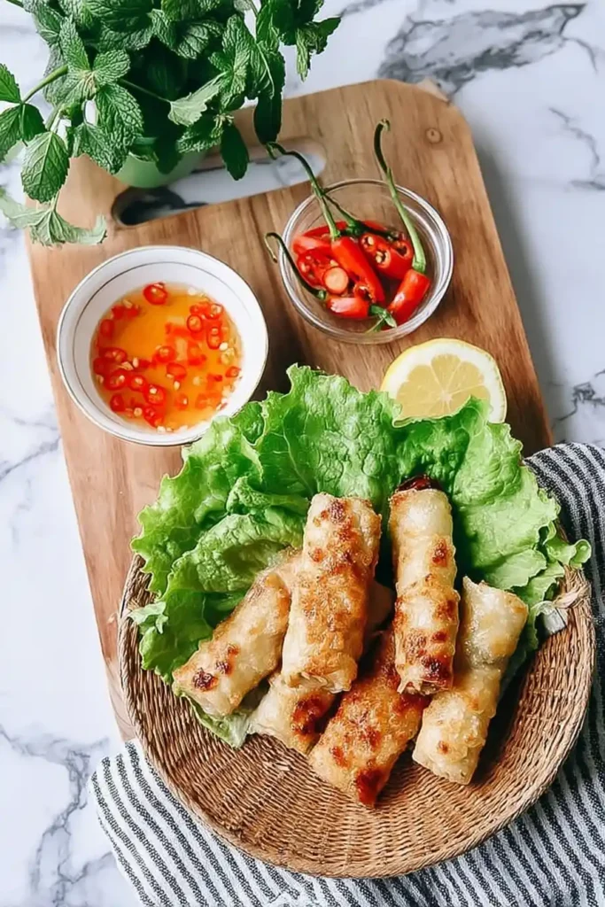 A top-down view of a wooden board on a marble surface, featuring a woven basket with several golden-brown spring rolls on a bed of fresh lettuce leaves. Surrounding the basket are a small bowl of orange dipping sauce with chili slices, a glass bowl of fresh red chili peppers, a lemon wedge, and a potted herb plant.