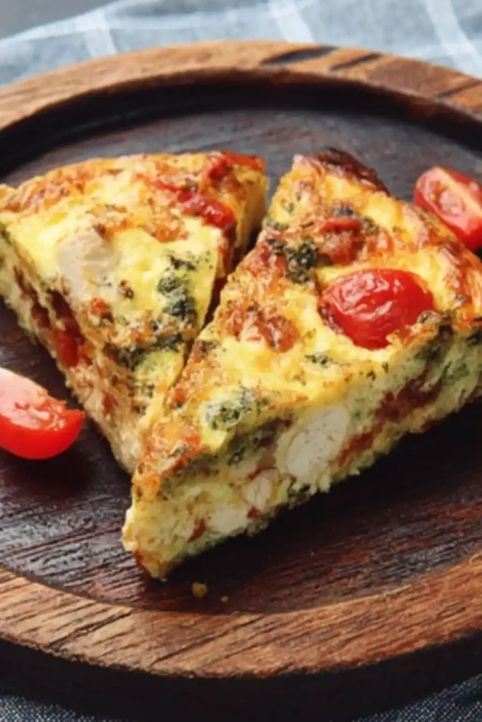 Two slices of a colorful vegetable frittata on a round wooden plate, featuring eggs mixed with spinach, cherry tomatoes, mushrooms, and red peppers.